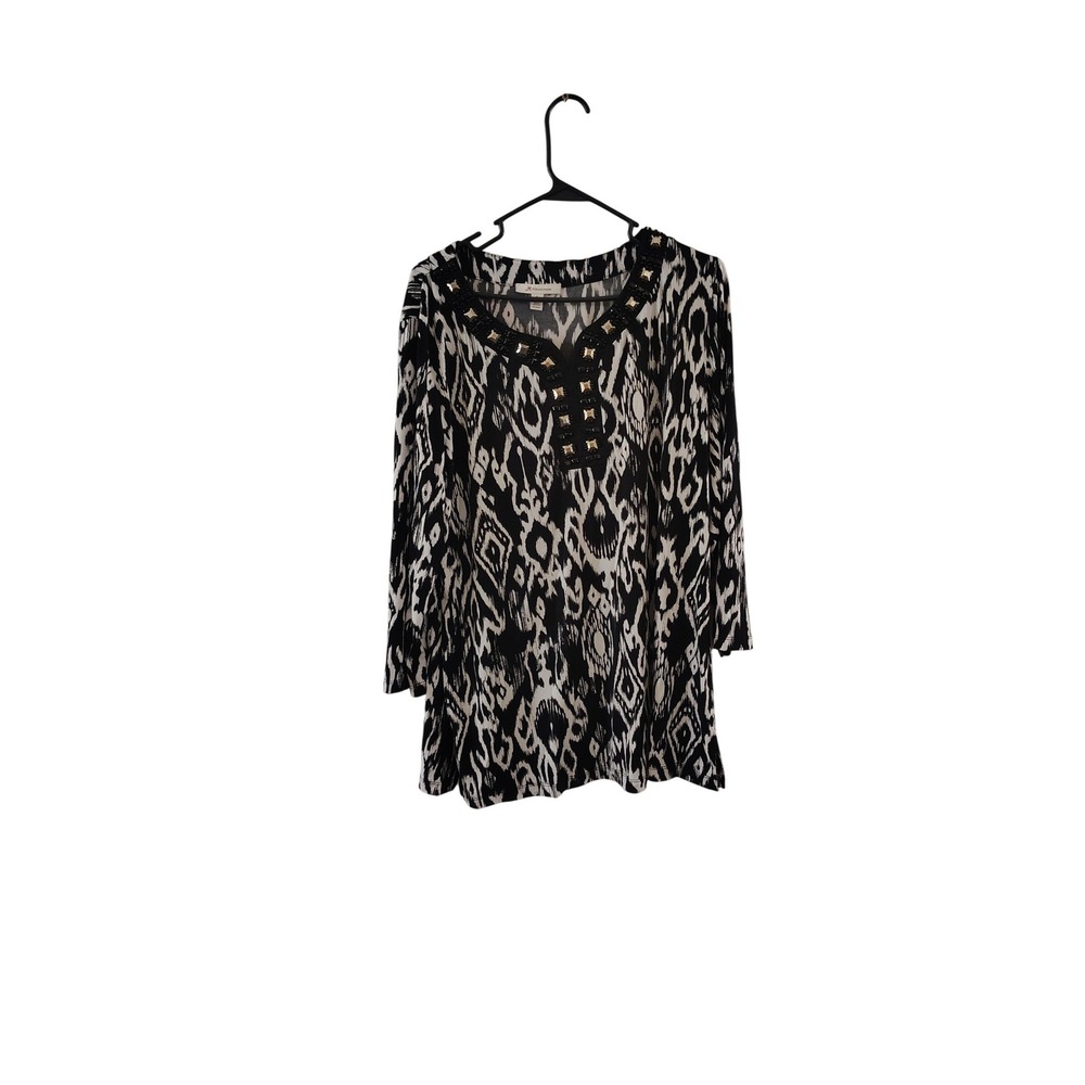 JM Collection Womens‎ XL Black White Ikat Studded Beaded Split Neck Tunic Blouse